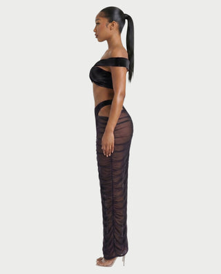 MURE Velvet Off-Shoulder Top & Mesh Skirt Set
