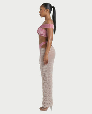 MURE Velvet Off-Shoulder Top & Mesh Skirt Set