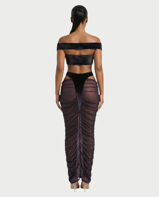 MURE Velvet Off-Shoulder Top & Mesh Skirt Set