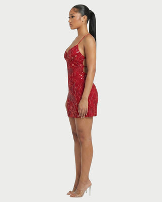 Vestido mini de malla con aberturas y detalle de cadena de JUVIA