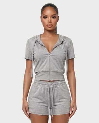 LAVENDER Zip-Up Hoodie Top & Drawstring Shorts Set