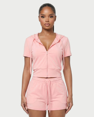 LAVENDER Zip-Up Hoodie Top & Drawstring Shorts Set