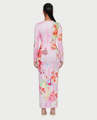 Vestido largo con estampado floral y efecto ilusión corporal VANESSA