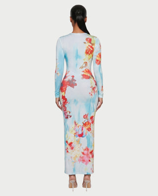 Vestido largo con estampado floral y efecto ilusión corporal VANESSA