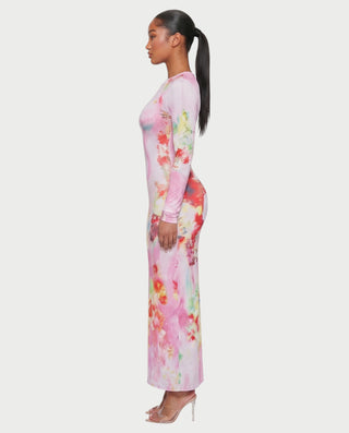 Vestido largo con estampado floral y efecto ilusión corporal VANESSA
