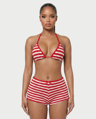 LEYLA Striped Crochet Bikini & Mini Shorts Three-Piece Set