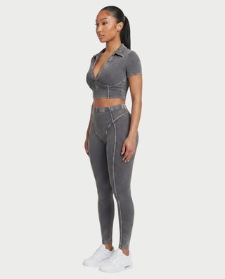 ALLIE Ribbed Zip Polo Crop Top & Legging Set