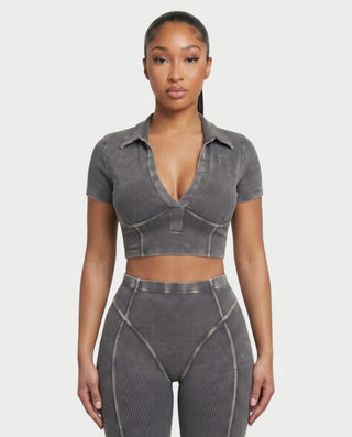 ALLIE Ribbed Zip Polo Crop Top & Legging Set