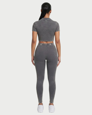 ALLIE Ribbed Zip Polo Crop Top & Legging Set