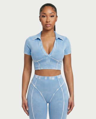 ALLIE Ribbed Zip Polo Crop Top & Legging Set