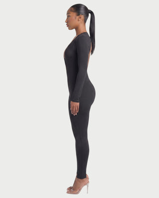 VEYONA Plunge Neck Long Sleeve Jumpsuit