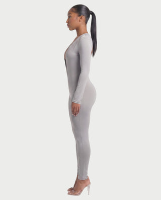 VEYONA Plunge Neck Long Sleeve Jumpsuit