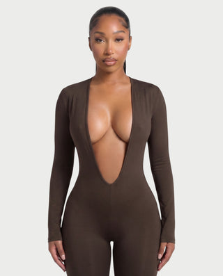 VEYONA Plunge Neck Long Sleeve Jumpsuit