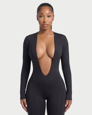VEYONA Plunge Neck Long Sleeve Jumpsuit