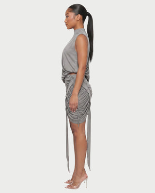 FINNA One-Sleeve Turtleneck Top & Ruched Skirt Set