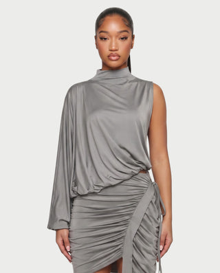 FINNA One-Sleeve Turtleneck Top & Ruched Skirt Set