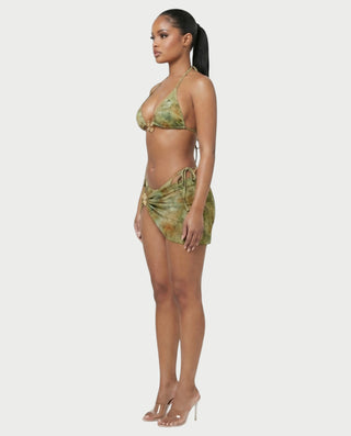 MARVINA Marble Print Bikini & Sarong Three-Piece Set