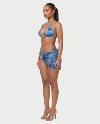 MARVINA Marble Print Bikini & Sarong Three-Piece Set