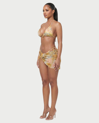MARVINA Marble Print Bikini & Sarong Three-Piece Set