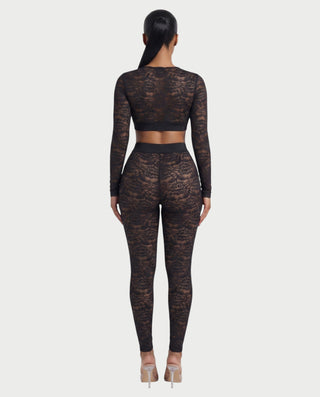 KAMARIA Lace Plunge Neckline Top & Tights Set