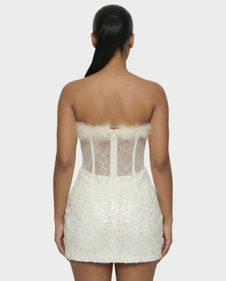 LORNA Feather-Trim Lace Corset Sequin Mini Dress