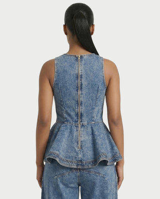 NALANI Peplum Denim Top & Wide-Leg Slit Pants Set