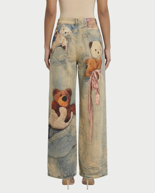 VASHA Teddy Bear Print Wide-Leg Denim Pants