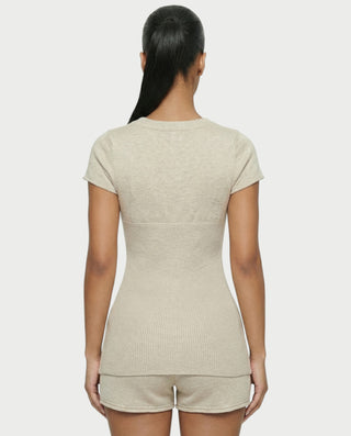 VIYERA Ribbed Button-Front Fitted Top & Shorts Set