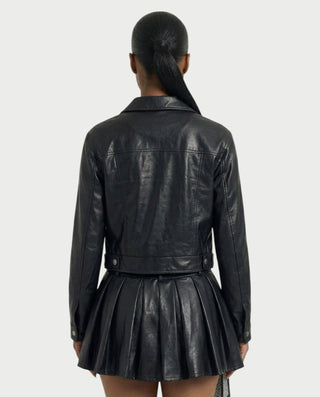 REVIA Faux Leather Jacket & Pleated Mini Skirt Set