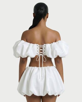 POMILE Rosette Off-Shoulder Top & Bubble Mini Skort Set