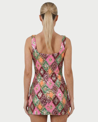 SAKIRA Pink Green Sequin Diamond Bodycon Mini Dress