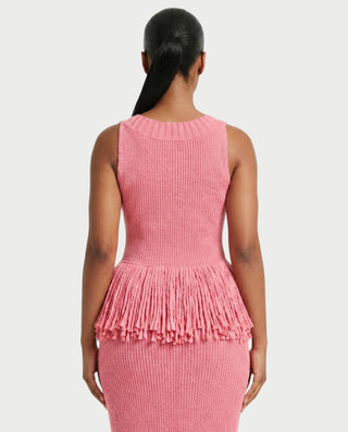 LENYA Ribbed Knit Peplum Fringe Maxi Dress