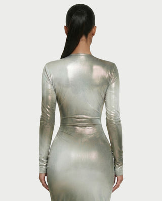 SAMINA Metallic Deep Plunge High Slit Maxi Dress
