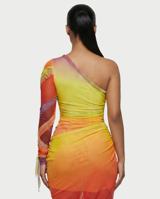 LUMEA One-Shoulder Mesh Drape Maxi Dress