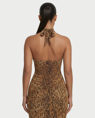 EMPRESS Leopard Print Halter Neck Slit Maxi Dress