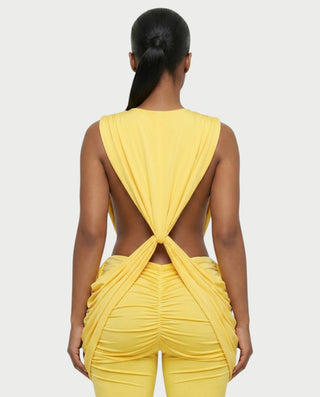 DERYN Plunge Twist Front Draped Flare Jumpsuit
