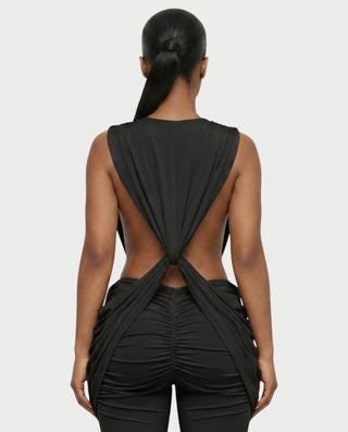 DERYN Plunge Twist Front Draped Flare Jumpsuit
