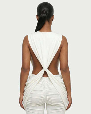DERYN Plunge Twist Front Draped Flare Jumpsuit