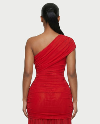 VAREN One-Shoulder Ruched Mesh Maxi Dress