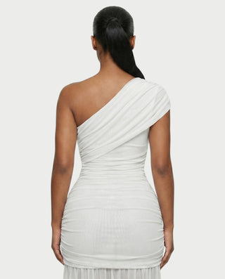 VAREN One-Shoulder Ruched Mesh Maxi Dress