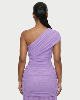 VAREN One-Shoulder Ruched Mesh Maxi Dress