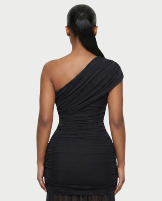 VAREN One-Shoulder Ruched Mesh Maxi Dress