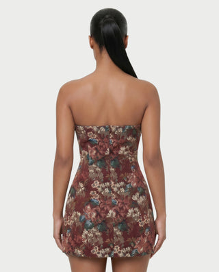 PRISCILLA Vestido mini sin tirantes con brocado floral