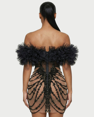 BRIGIDA Off-Shoulder Ruffle Tulle Beaded Mini Dress