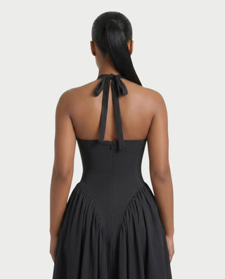 LORIA Halter Plunge Flared Midi Dress
