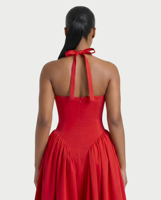LORIA Halter Plunge Flared Midi Dress