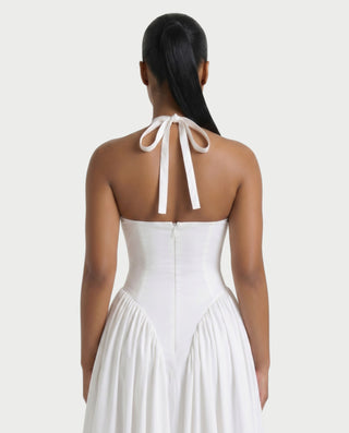 LORIA Halter Plunge Flared Midi Dress