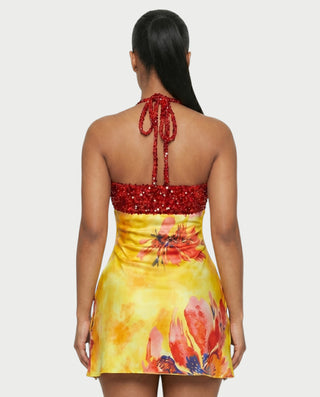 MAYANA Sequin Floral Halter Mini Dress