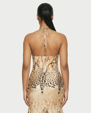JHONA Leopard Halter Ruffle Hem Maxi Dress