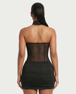 HANYA Strap Mesh Panel Ruched Mini Dress